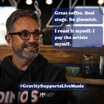 Great coffee. Real stage. No gimmick. Andy roasts it himself and pays the artists himself. 6