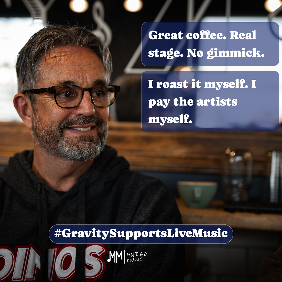 Great coffee. Real stage. No gimmick. Andy roasts it himself and pays the artists himself.