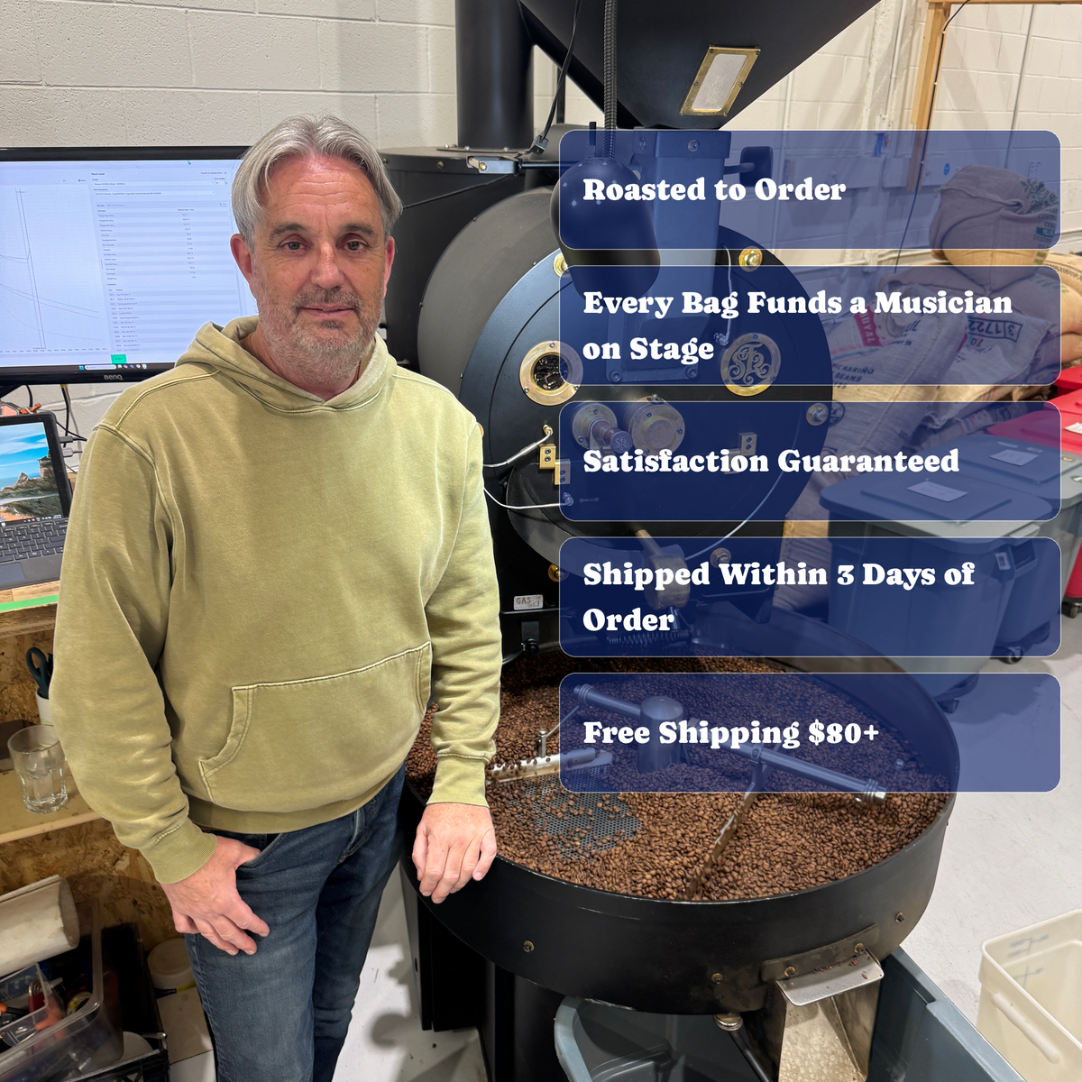 Andy's guarantee: roasted to order, every bag funds a musician, satisfaction guaranteed