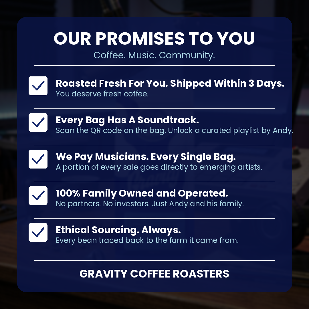 Our promises to you – roasted fresh and shipped within 3 days, every bag has a soundtrack via QR code, we pay musicians every single bag, 100% family owned and operated, ethical sourcing always – Gravity Coffee Roasters Calgary