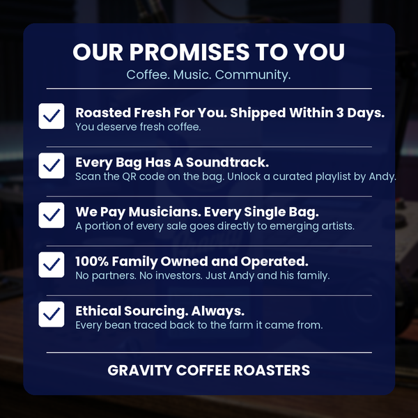 Our promises to you – roasted fresh and shipped within 3 days, every bag has a soundtrack via QR code, we pay musicians every single bag, 100% family owned and operated, ethical sourcing always – Gravity Coffee Roasters Calgary